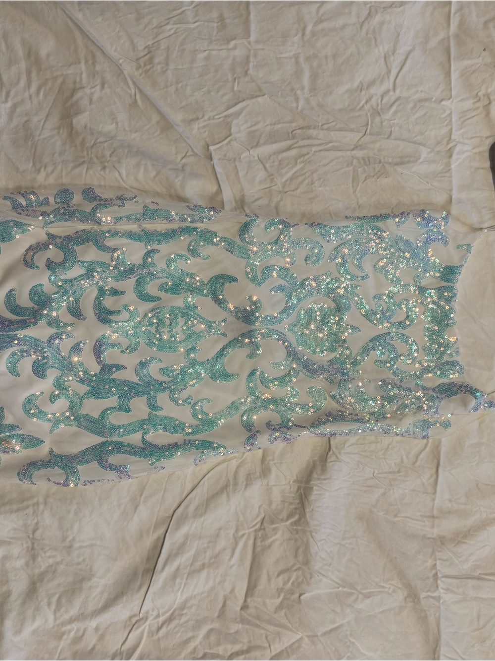 B Darlin White Strapless Dress with Aqua Sequin Accents